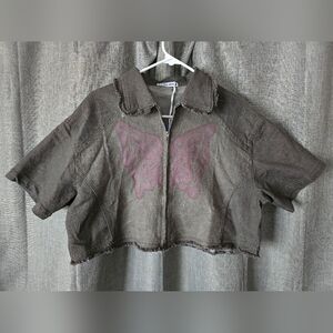 Aelfric Eden Cropped Short Sleeve Denim Jacket Top Butterfly Raw Hem Sz L